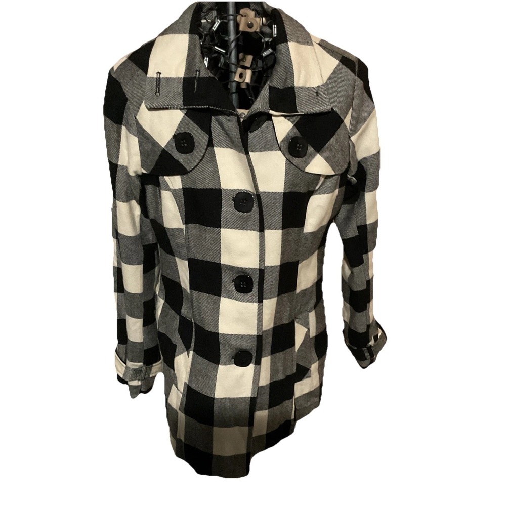I.N. San Francisco Womens Buffalo Plaid Pea Coat Black White Checkered Large